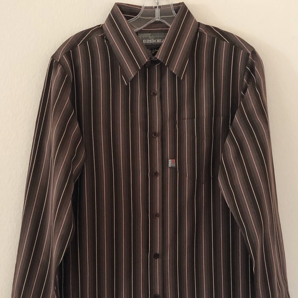 EZEKIEL LS BUTTON UP SHIRT SIZE LARGE BROWN STRIPE